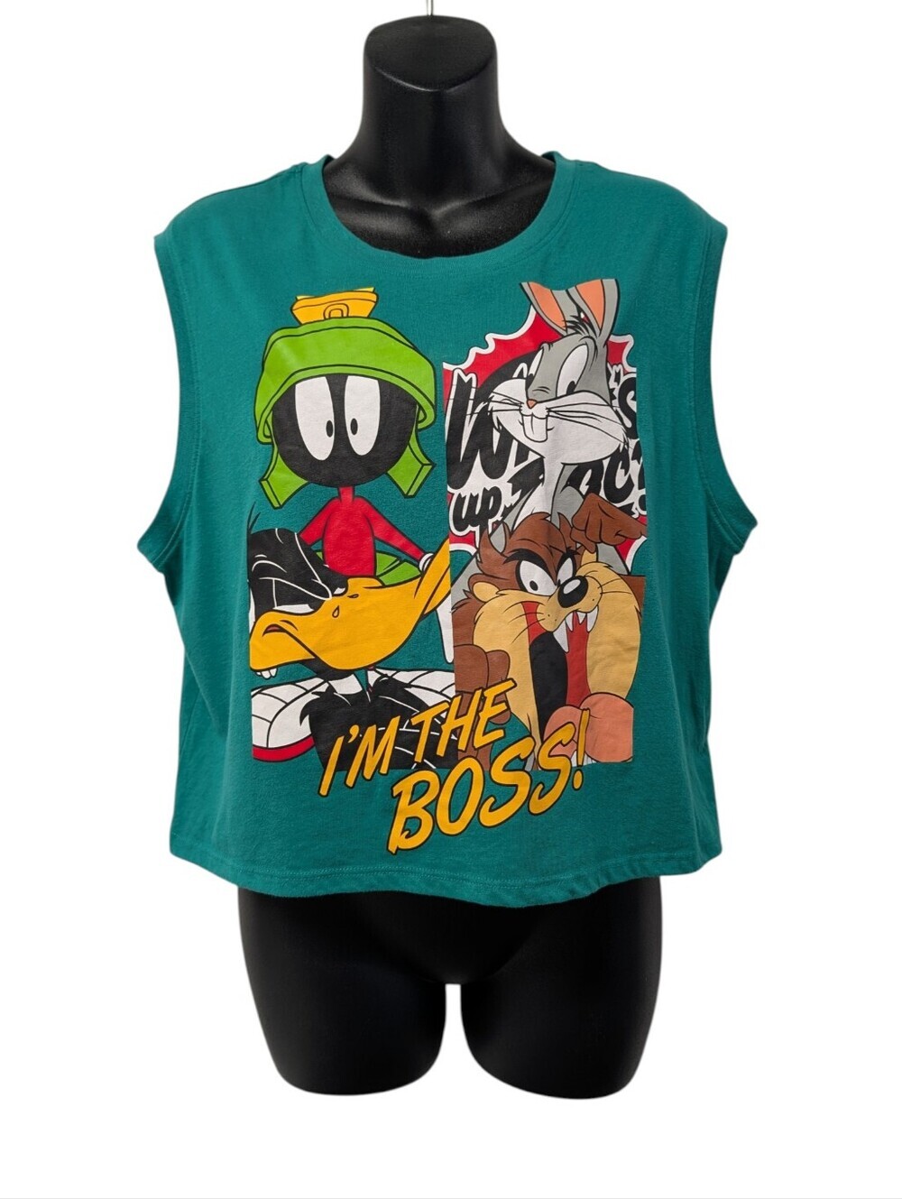 Looney Tunes "I'm The Boss" Crop Tank Top Womens L Marvin the Martian Bugs Green